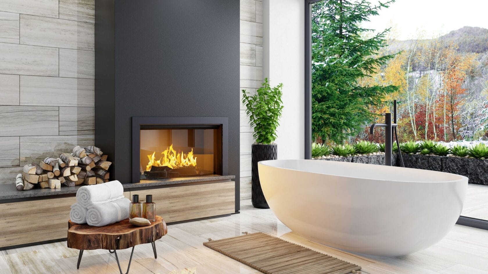 Modern bathroom with a Freestanding Bathtub, fireplace and big window with fall scenery