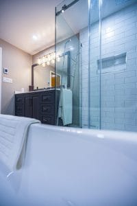 Bathroom renovation DreamLine Shower with Subway tiles tub view